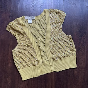 Vintage Y2K 90s Lime Green Gold Sequin Knit Sleeveless Vest Necessary Objects M