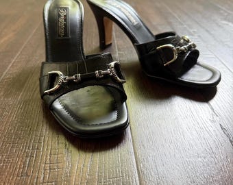 Vintage 90er Jahre Y2K Brighton Leather Pantoletten Absatz Pferd Gebiss Silbrig auf Leder Italy 7