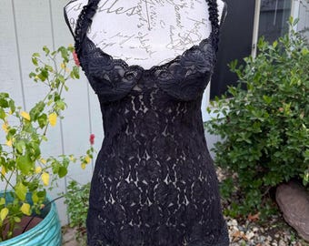Vestido de cóctel vintage de encaje floral negro de Fredericks of Hollywood, años 80 y 90, talla M