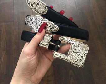 Cinturón de vaquera estilo rodeo western vintage, plateado, con detalles de condominio, vaquero hippie, 31"-35"