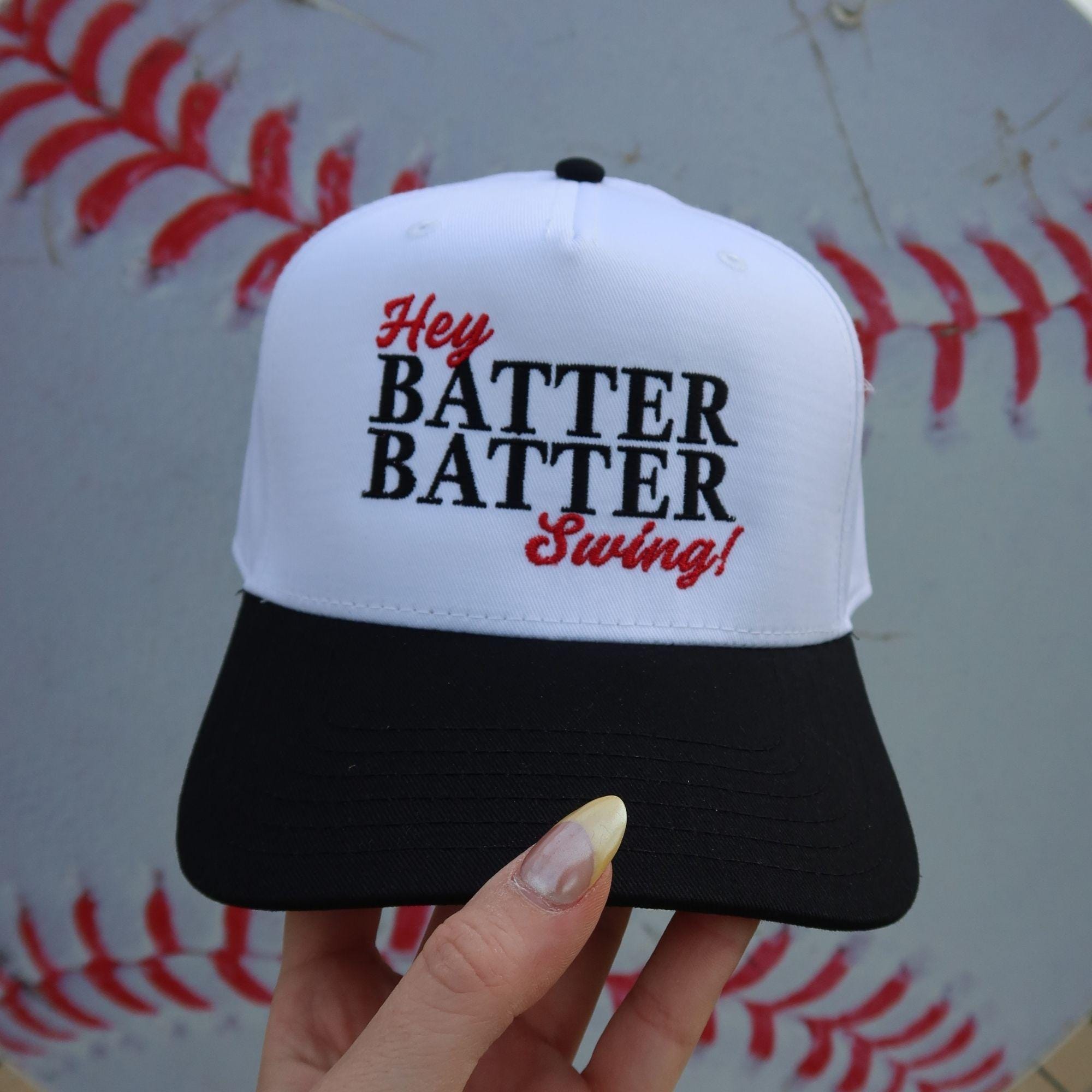 Baseball Trucker Hat~Hey Batter Batter Swing Baseball Chain Red Hey Batter Batter Swing Embroidered Hat | DU Exclusives  main image 2