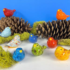 May include: A collection of nine small ceramic bird figurines in various colors including red, orange, blue, yellow, and green, featuring speckled and solid finishes. The birds are arranged among two large brown pinecones and green moss.