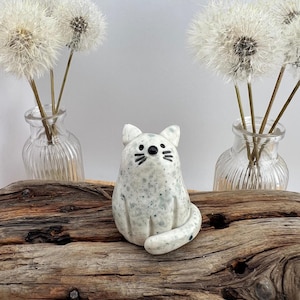 Small Blue Speckled Ceramic Cat Figurine – Handmade Pottery Kitty Sculpture – Cat Statue – Whimsical Cat Lover Gift - Animal Shelf Decor