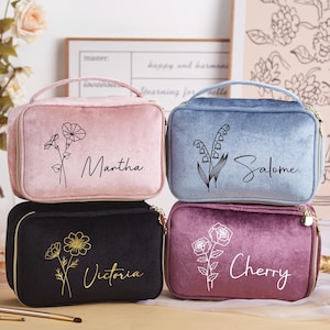 Gepersonaliseerde make-uptas, fluwelen make-uptasje, make-uptas geboortebloem, make-uptas, reismonogram make-uptas, cadeau bruidsmeisje, cadeau bruidsmeisje