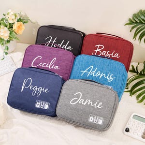 Puede incluir: Una colección de organizadores de viaje personalizados en varios colores, incluyendo negro, morado, rojo, azul y gris. Cada organizador presenta un nombre en escritura blanca. Los organizadores son rectangulares con asa y cremallera.