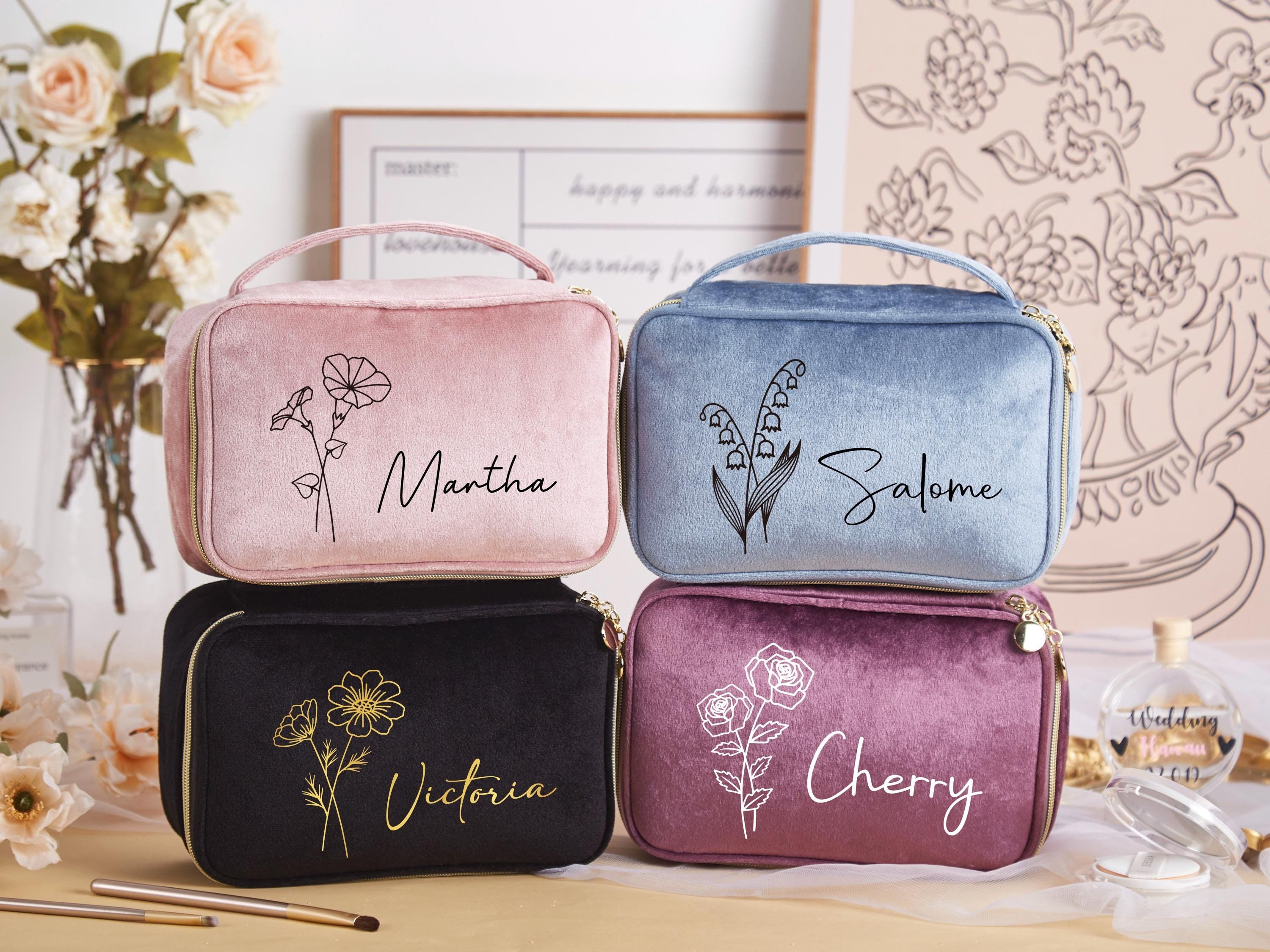 Personalized Birth Flower Makeup Bag,Large Capacity Cosmetic Bag,Birth Flower Makeup Travel Case,Wash Bag,Bridal Shower Gift,Gift for Her