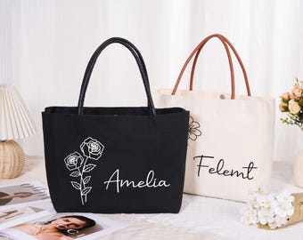 Personalized Birth Flower Tote Bag,Bridesmaid Tote Bag,Floral Name Tote Bag,Wedding Gift Bag,Bridesmaid Proposal,Birthday Gift,Gifts for Mom