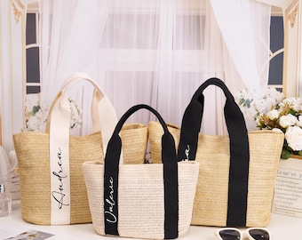 Sac fourre-tout personnalisé en toile de jute,Sac de demoiselle d'honneur personnalisé,Sacs de plage en paille,Sac fourre-tout de plage monogramme,Sac en jute prénom,Sac de douche nuptiale,Cadeaux de mariage