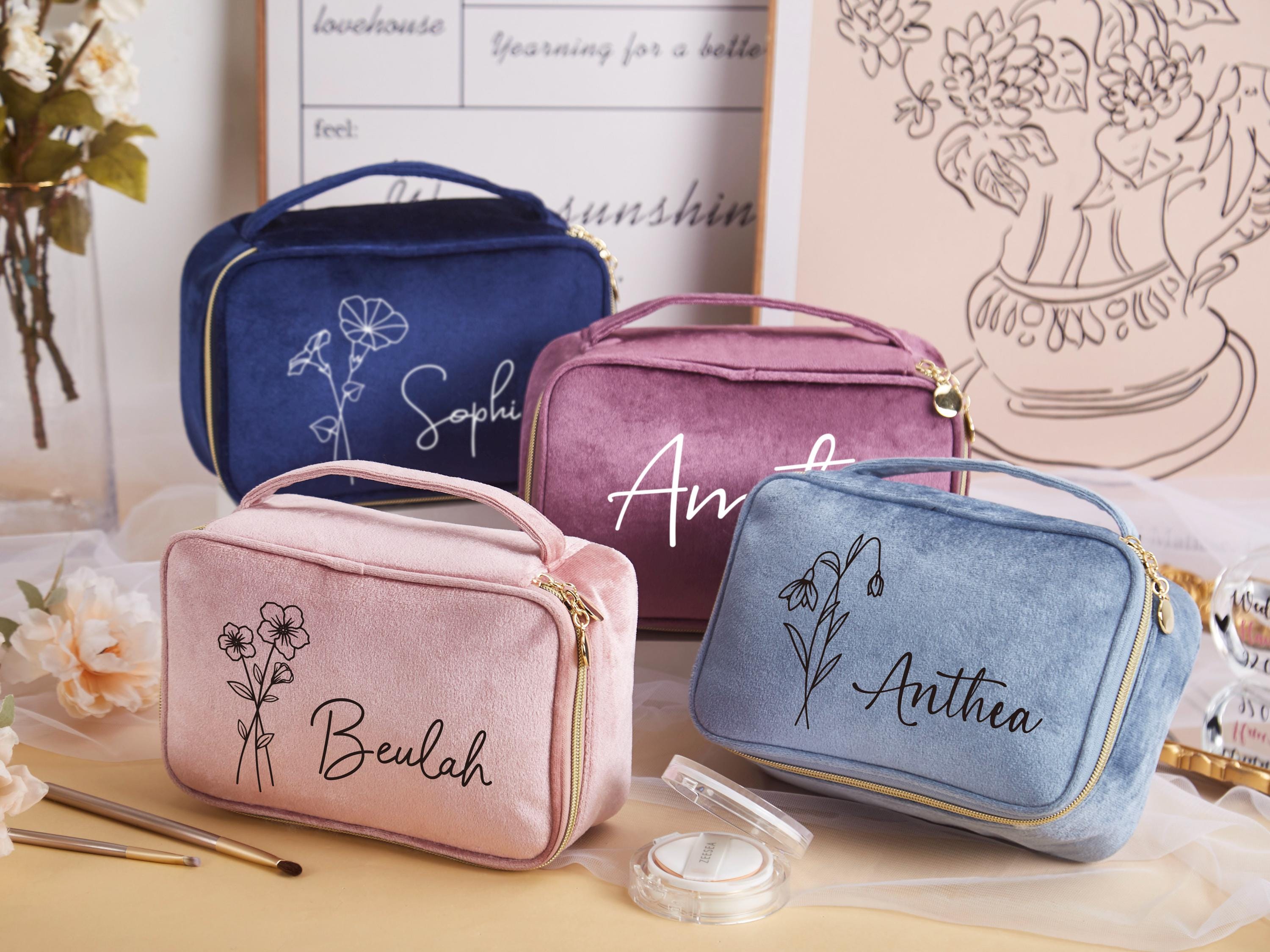 Personalized Birth Flower Makeup Bag,Large Capacity Cosmetic Bag,Birth Flower Makeup Travel Case,Wash Bag,Bridal Shower Gift,Gift for Her