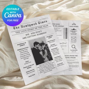 Könnte beinhalten: Eine schwarz-weiße Hochzeitsanzeige im Zeitungs-Stil für Joe und Stacy. Die Anzeige enthält ein Foto des Paares, einen Zeitplan der Ereignisse und eine Nachricht von den Frischvermählten. Die Überschrift lautet "The Newlywed Times: The Love Story of the Year".