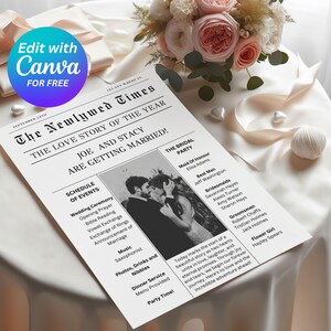 Könnte beinhalten: Eine schwarz-weiße Hochzeitsanzeige im Zeitungs-Stil mit einem Foto des Paares. Die Überschrift lautet "The Newlywed Times" und der Untertitel lautet "The Love Story of the Year." Die Anzeige enthält die Namen des Paares, "Joe und Stacy", und das Hochzeitsdatum, "24. September". Die Anzeige enthält auch einen Zeitplan der Ereignisse für den Hochzeitstag, einschließlich der Hochzeitszeremonie, des Eröffnungsgottesdienstes, der Bibellesung, des Austausch der Gelübde, des Austausch der Ringe, der Bekanntgabe der Ehe, der Musik, der Fotos, der Getränke und Snacks, des Abendessens und der Partyzeit. Die Anzeige enthält auch eine Liste der Hochzeitsgesellschaft, einschließlich der Trauzeugin, des Trauzeugen, der Brautjungfern und der Bräutigams.