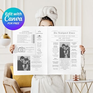 Könnte beinhalten: Eine schwarz-weiße Hochzeitsanzeige im Zeitungs-Stil für Joe und Stacy. Die Anzeige enthält einen Zeitplan der Ereignisse, eine Liste der Hochzeitsgesellschaft und ein Foto des Paares. Der Text lautet "The Newlywed Times, The Love Story of the Year, Joe and Stacy are getting married!"