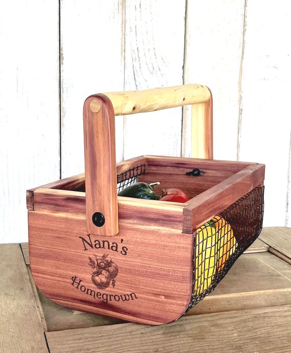 Cedar Garden Harvest Basket | Customized Engraved Wood Gardening Trug | Wooden Hod | Birthday / Anniversary Gift for Gardener / Homesteader