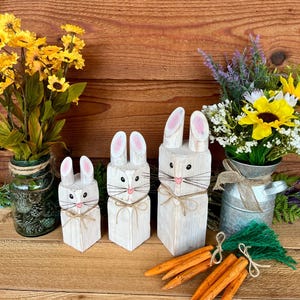 May include: Three white wooden bunny figures of varying sizes, with pink-lined ears, whiskers, and twine bows. Orange carrot decorations and floral arrangements in glass and metal containers complete the Easter-themed display.