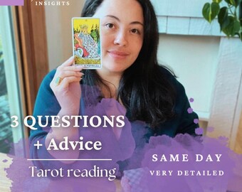 May include: A woman holds up a tarot card, the Empress, with a purple background that says "3 Questions + Advice Tarot Reading, with photo of your cards, Same Day Very Detailed, Personalize PDF File".