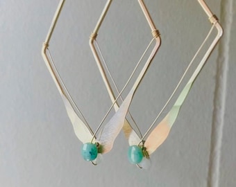 Gold Geometric Emerald Earrings, thin triangle hoops, delicate green and gold earrings, dainty wire and gemstone drop earrings