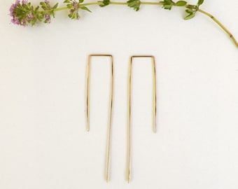 Delicate Minimal Geometric Rectangle Hoops/ thin gold dainty ear slides/ rustic simple boho hoops/ geometric gold hoops/ threader earrings