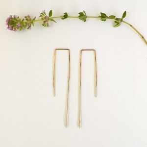 Delicate Minimal Geometric Rectangle Hoops/ thin gold dainty ear slides/ rustic simple boho hoops/ geometric gold hoops/ threader earrings