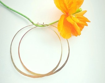 Delicate Large Hammered Gold Hoop Earrings, ultra flat dainty hoops, light simple minimalist gold hoop earrings, big gold oversized hoops