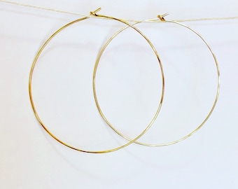 Delicate Oversized Large Gold Hoop Earrings, thin skinny signature hoops, dainty hammered 14k gold filled ear slides everyday simple earring