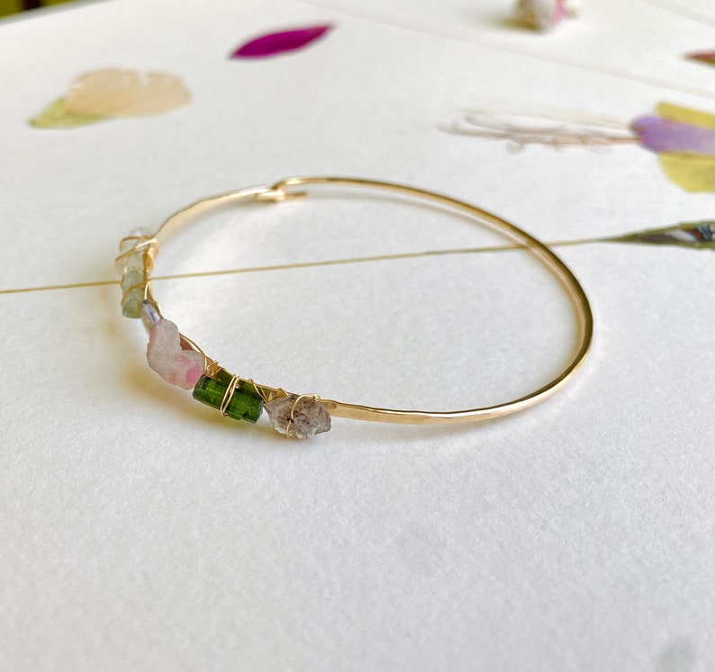 Dainty Gemstone Cuff Bracelet/ Tourmaline cuff/ delicate gold bracelet/ hammered cuff/ healing stone bracelet/ gift for her image 2