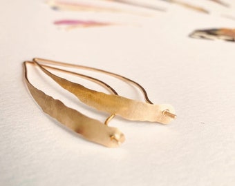 Delicate Hammered Gold Petal Earrings, thin dainty hoops, thin flower earrings, minimalist earrings, organic silver hoops, gold hoops