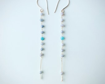 Dainty Gray Sapphire and Emerald Shoulder Duster Earrings/ long earrings/ drop earrings/ minimalist earrings/ delicate gold bridal earrings