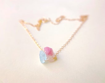 Raw Aquamarine and Pink Tourmaline Necklace/ pink gold and blue choker/ rainbow boho bridal necklace/ gift for her/ dainty gemstone necklace
