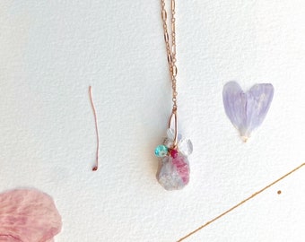 Delicate Raw Tourmaline Pendant Necklace/ pink tourmaline with ruby and apatite and crystal quartz necklace/ gold filled chain necklace