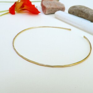 May include: A simple gold choker necklace with a hammered finish.