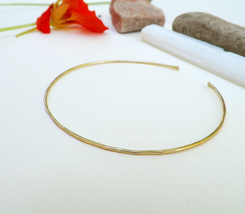 May include: A simple gold choker necklace with a hammered finish.