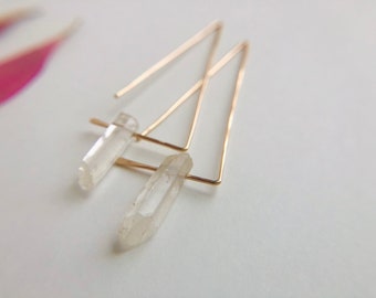 Delicate Minimal Geometric Rock Crystal Point Threader Hoops/ thin gold dainty ear slides/ simple boho hoops/ minimalist triangle earrings