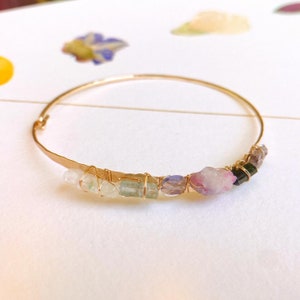 Dainty Gemstone Cuff Bracelet/ Tourmaline cuff/ delicate gold bracelet/ hammered cuff/ healing stone bracelet/ gift for her image 1