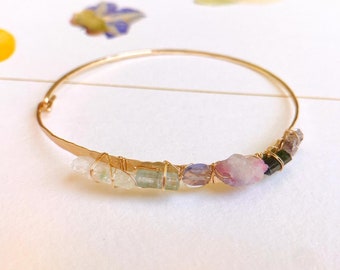 Dainty Gemstone Cuff Bracelet/ Tourmaline cuff/ delicate gold bracelet/ hammered cuff/ healing stone bracelet/ gift for her