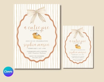 May include: Two invitations with a cream-colored background and vertical stripes. Each invitation features a light brown oval frame with a bow at the top. Text reads "a cutie pie is on the way" and details for Sophia Mason's event.