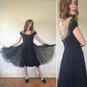 1950s Black Silk Chiffon Layered Dress