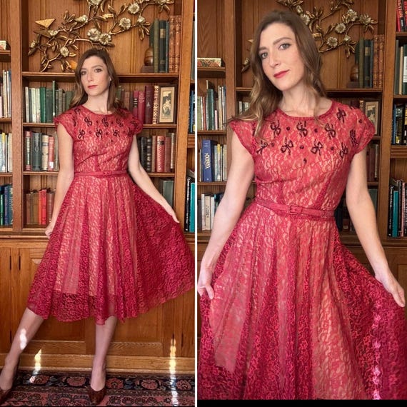 Vintage 1940s Sheer Red Lace Dress with Sequin Bows and Matching Belt