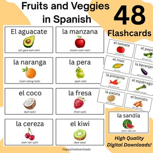 Spanish Flashcards, Fruits and Vegetables, Pronunciation Included, Espanol, Digital Downloads