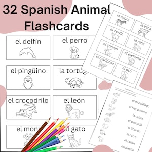 May include: Black and white flashcards featuring Spanish animal names and illustrations. The cards include animals such as a dolphin, dog, penguin, turtle, crocodile, lion, monkey, and cat. The cards are arranged in a grid pattern on a white background.