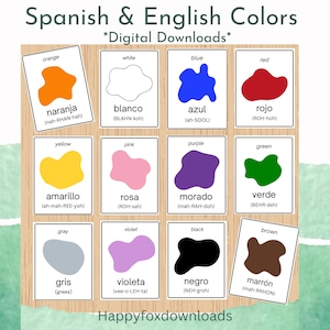 May include: A set of 12 flashcards featuring color names in both English and Spanish. Each card has a color name in English and Spanish, along with the phonetic pronunciation of the Spanish word. The cards are designed for teaching children about colors.