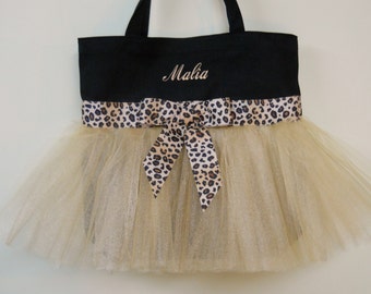 Tutu tote bag, Embroidered dance bag, tutu dance bag, Personalized Black Tote Bag with Leopard Ribbon Tutu Tote Bag - TB263 - BP