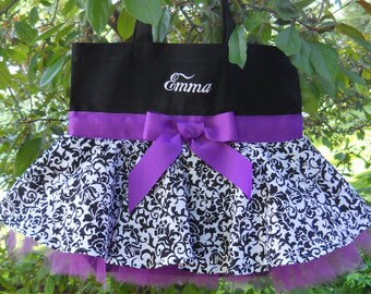 dance bag, ballet bag, tutu tote bag -Embroidered  Black bag with Black and White Damask Skirt and purple tulle and ribbon STB51  BP