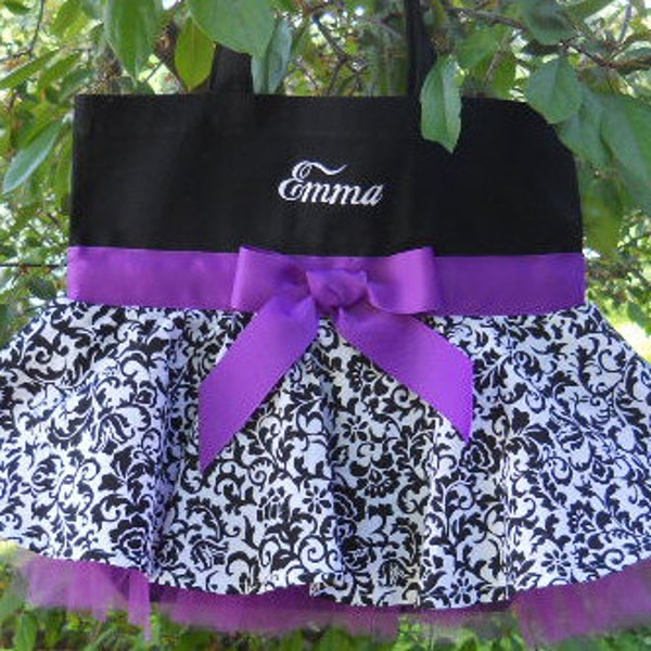 dance bag, ballet bag, tutu tote bag -Embroidered  Black bag with Black and White Damask Skirt and purple tulle and ribbon STB51  BP