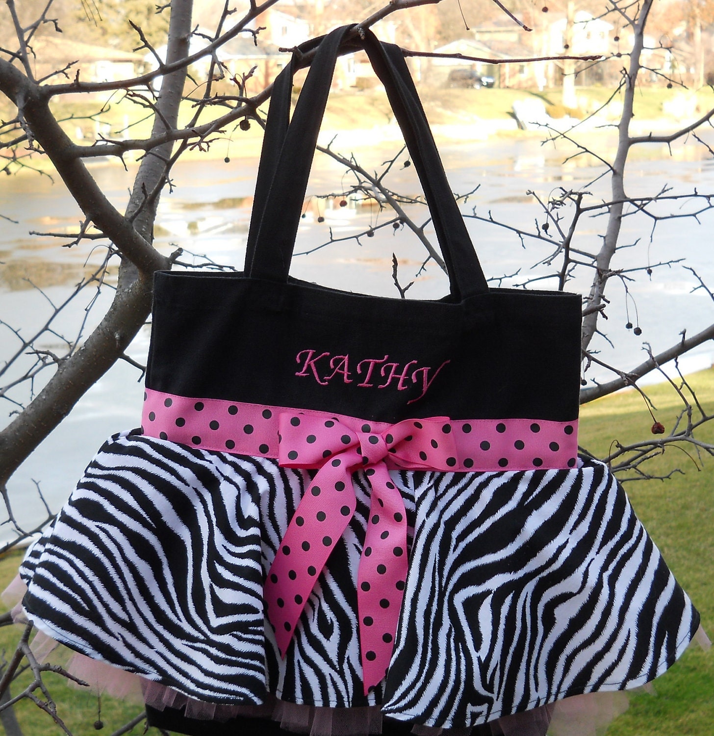Embroidered dance bag Black with zebra skirt pink polka dot Etsy
