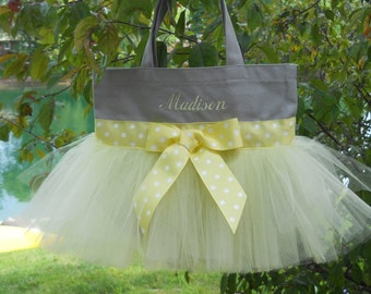 Personalized Ballet Bag, dance bags, Gray tote bag with yellow polka dot ribbon and yellow tulle Embroidered Tutu Dance Bag  TB913 S