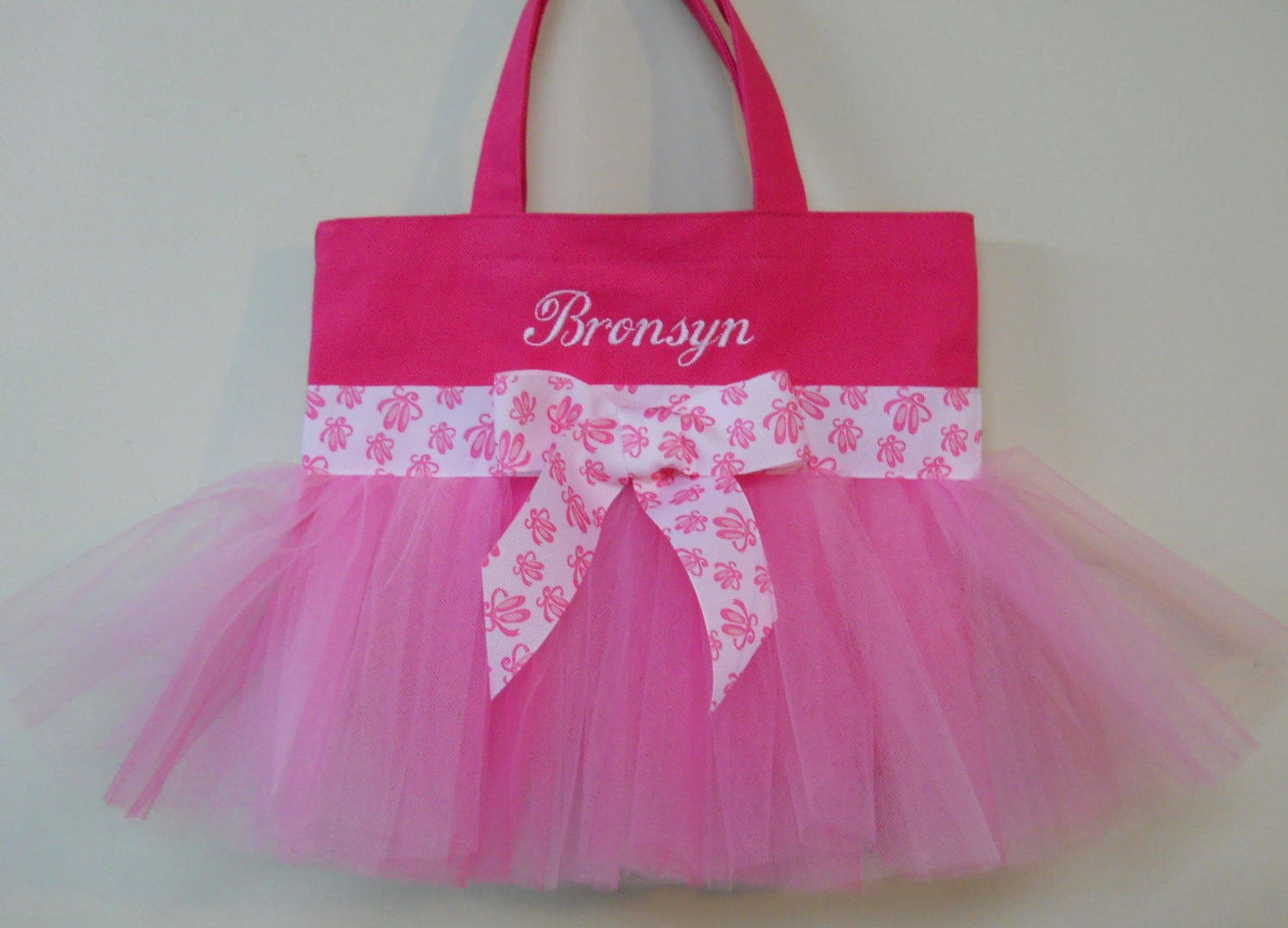 embroidered dance bag, naptime 21, princess tote bag, hot pink tote bag with pink tulle & ballet shoe ribbon mini tutu ballet ba