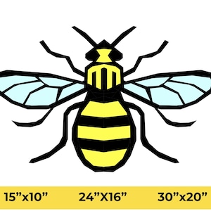 May include: A stylized illustration of a bee with yellow and black stripes, black outlines, and light blue wings. The image includes three size options: 15"x10", 24"x16", and 30"x20" in a yellow bar at the bottom.