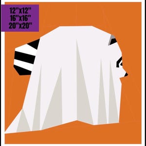 Könnte beinhalten: Eine grafische Illustration einer weißen Geisterfigur mit einem schwarz-weiß gestreiften Schwanz vor orangefarbenem Hintergrund. Das Bild enthält Text in einem violetten Feld mit den Größenangaben 12"x12", 16"x16" und 20"x20".