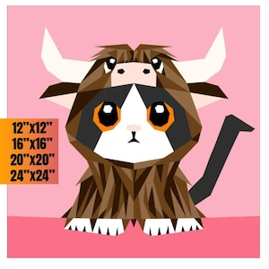 May include: A cartoon cat wearing a brown and black bull costume. The cat has white fur, black ears, and orange eyes. The cat is standing on a pink background. The image includes the text "12"x12", "16"x16", "20"x20", and "24"x24".