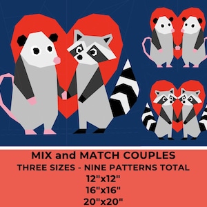 Puede incluir: Ilustración gráfica con una pareja de mapaches y zarigüeyas tomados de la mano frente a un corazón rojo. Imágenes adicionales muestran parejas de mapaches y zarigüeyas. El texto dice "MIX and MATCH COUPLES" y enumera tres tamaños: 30cm x 30cm, 41cm x 41cm y 51cm x 51cm.